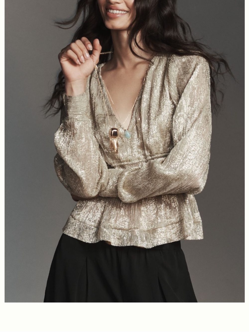 🟤NWT ANTHROPOLOGIE Metallic Smocked Long-Sleeve Shirt in Gold